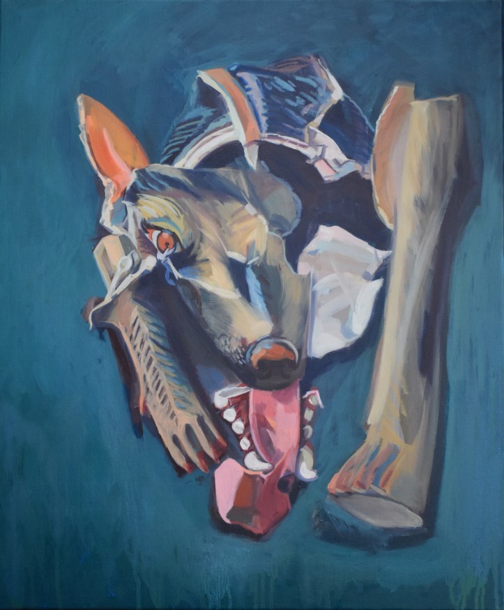 Oil painting of  a broken paper mâché dog – part of a series